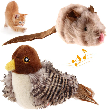 Chirping Bird Cat Toy Set, Interactive Chasing Toy for Indoor Cat, Motion Activated Kitten Play Toy, Squeaky Cat Animal Feather Toy for All Breeds Cat Kicker